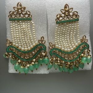 Elegant Green and Gold Pearl Chandelier Earrings